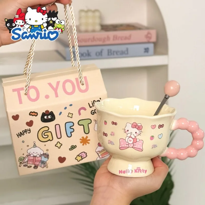Sanrio Hello Kitty Water Cup Birthday Gift for Girls Mug with Spoon Ceramic Cartoon Coffee Cup for Party Afternoon Tea