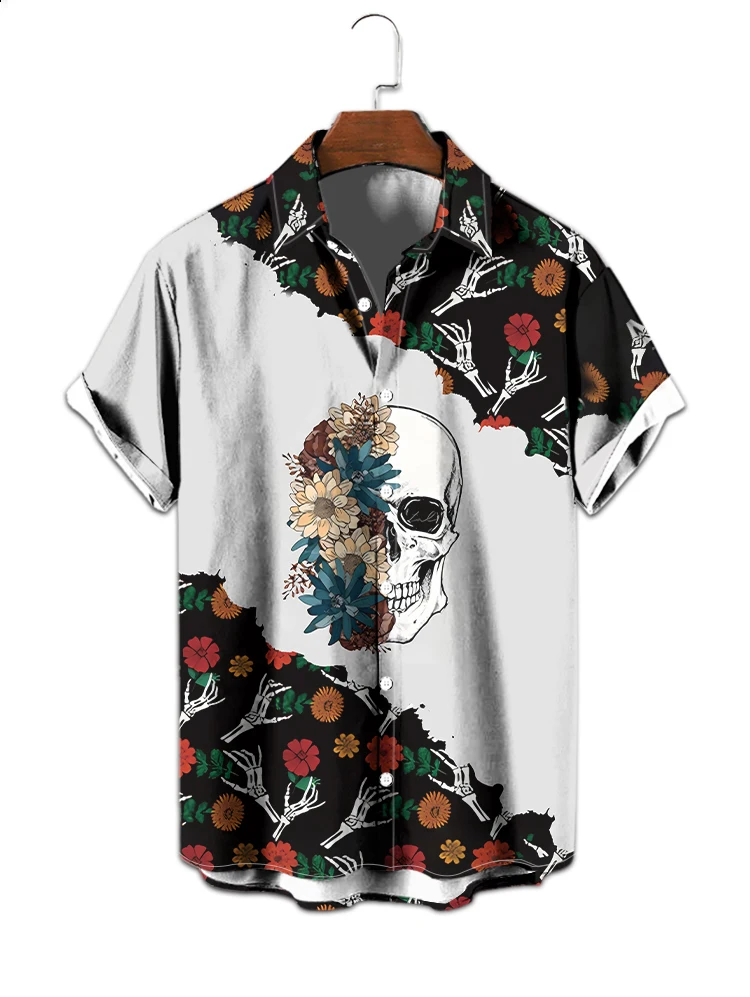 

Hot selling Korean style fashion street popular short-sleeved men's shirt skull 3D printing men's lapel short-sleeved shirt