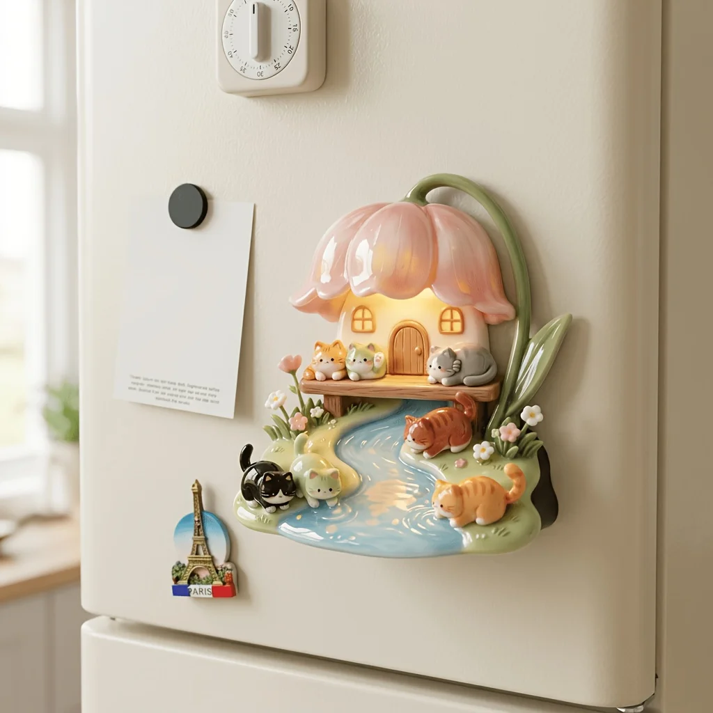 3D Luminous Cat Hut Fridge Magnet – Cute Resin Kitten Scene, Glow Flower House Creek, Creative Home Decor & Gift