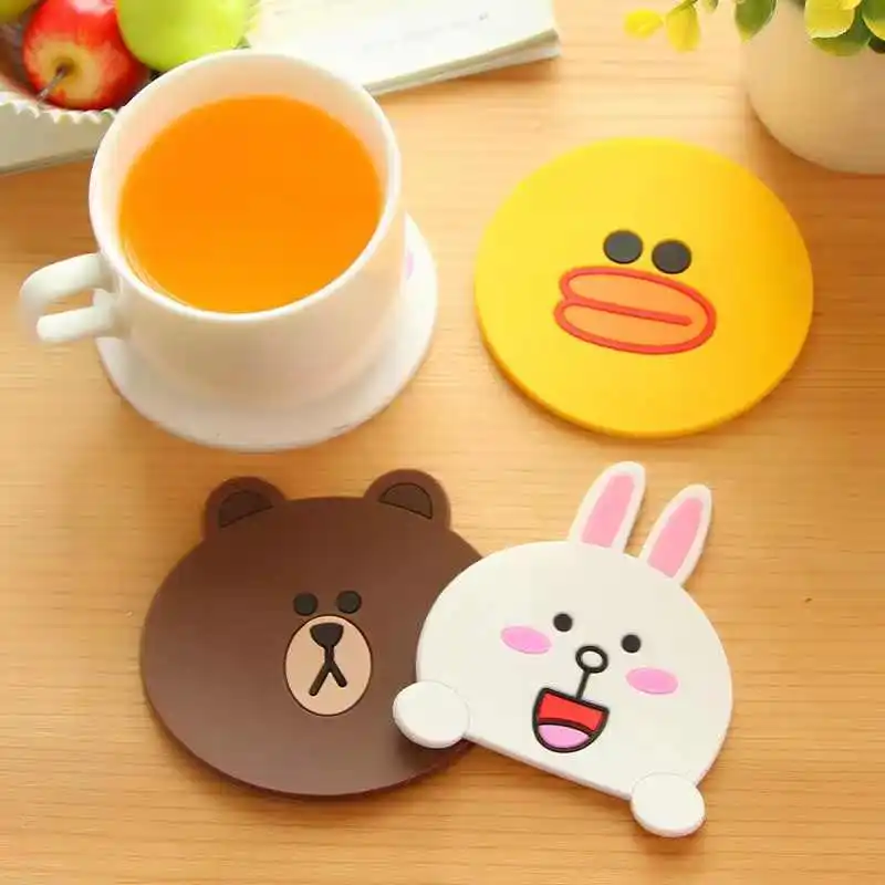 Cartoon Coasters Cute Soft Rubber Bear Rabbit Waterproof Drink Mat Heat Insulation Anti Slip Cup Mats Kitchen Dishes Decoration