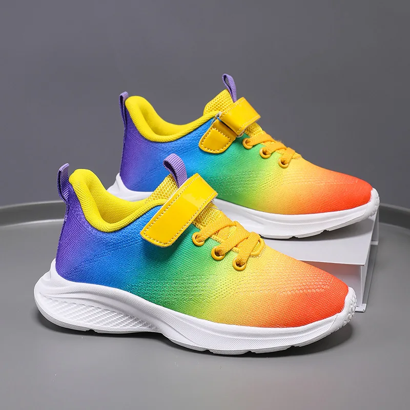 

Girls Spring Autumn Rainbow Sneakers Children Mesh Casual Shoes Boys Gradient Color Fly Knitted Breathable Velcro Sneakers