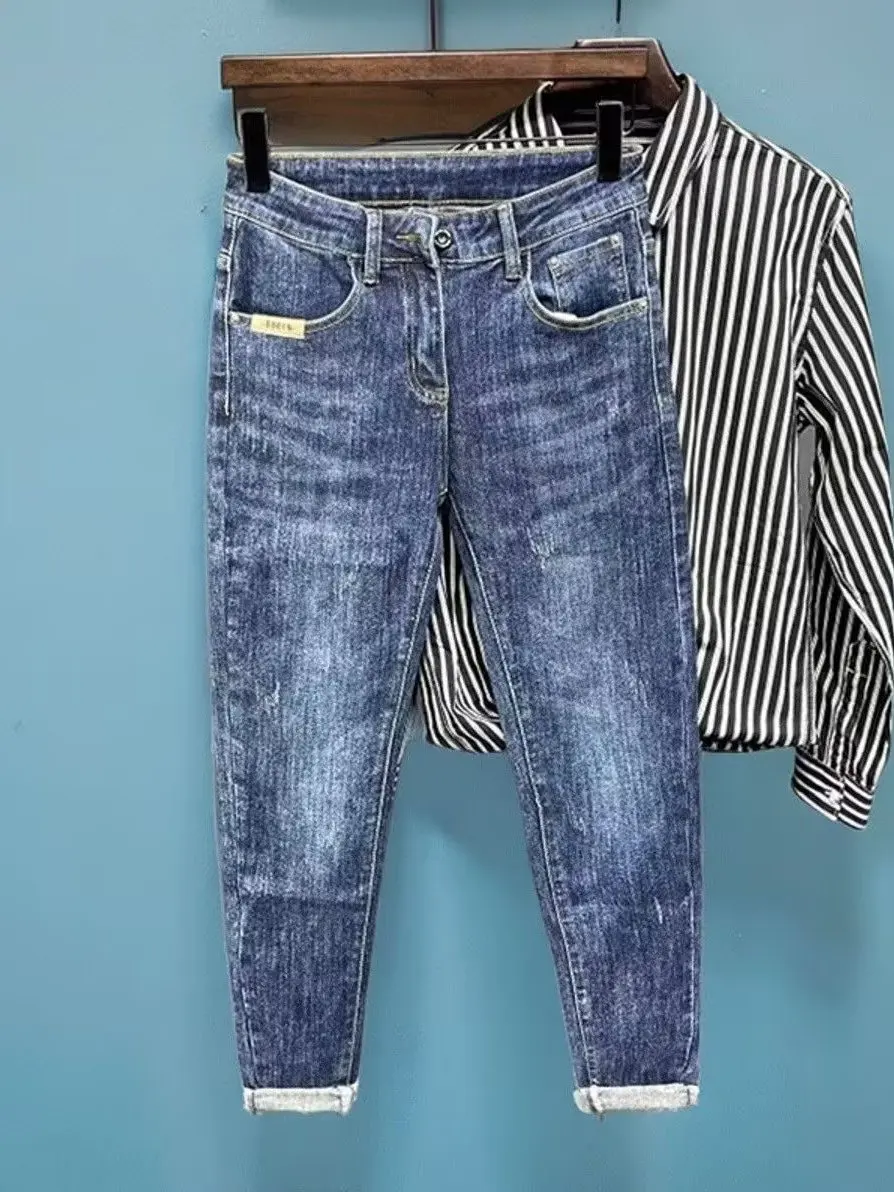 

Casual Waed Denim Jeans Men's Slim Fit Blue Elastic Spring Autumn Pants Youth mid Waist Cotton Stretchy Long Trousers