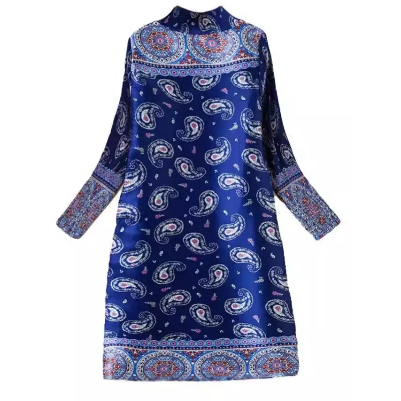 فستان نسائي فستان ريترو مطوي 2025 خريف جديد رقبة عالية طباعة منتصف العمر الأم فضفاضة مم الملابس النسائية