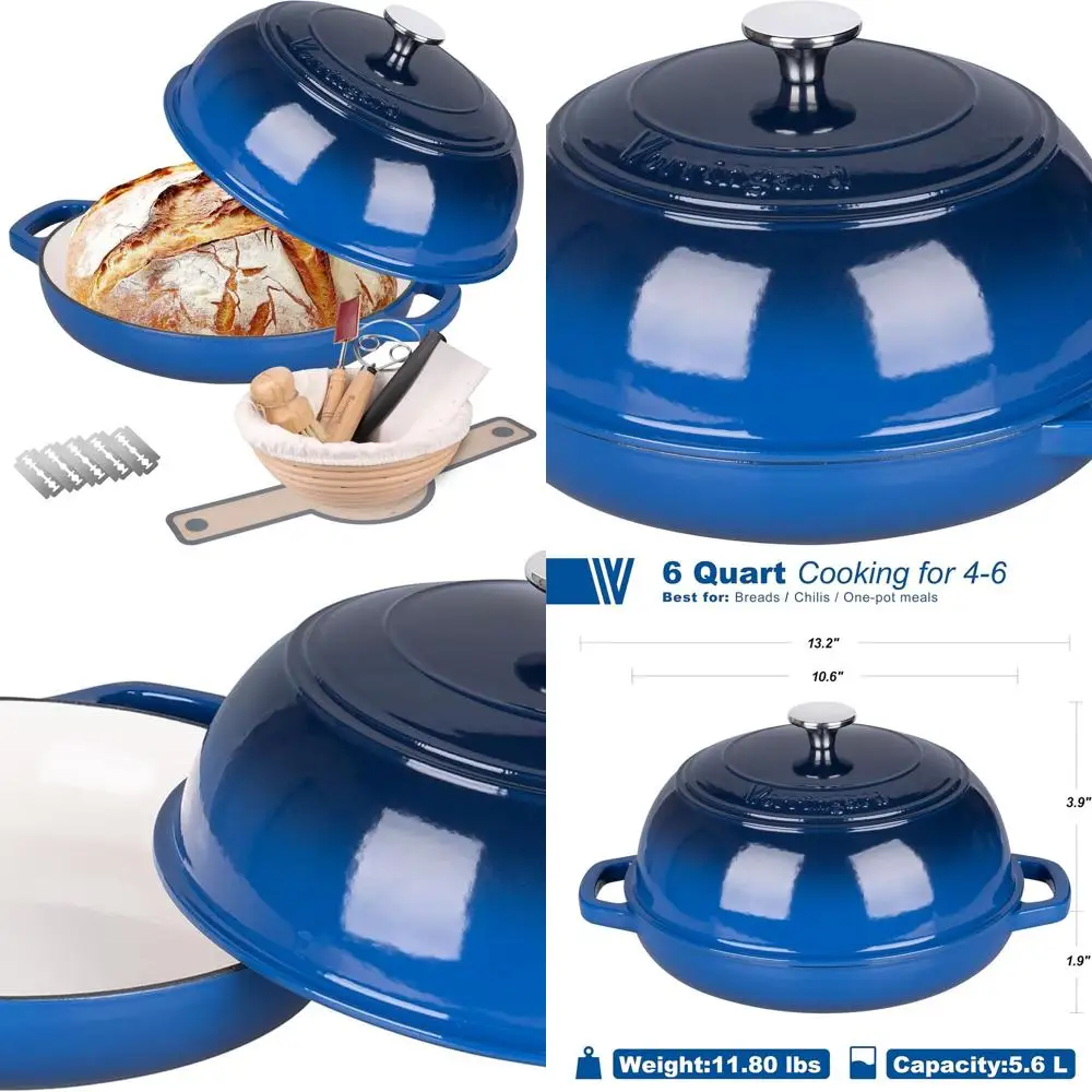 

6-Quart Blue Enamel Cast Iron Dutch Oven with Lid, Perfect for Sourdough Bread Baking and Proofing Basket Set