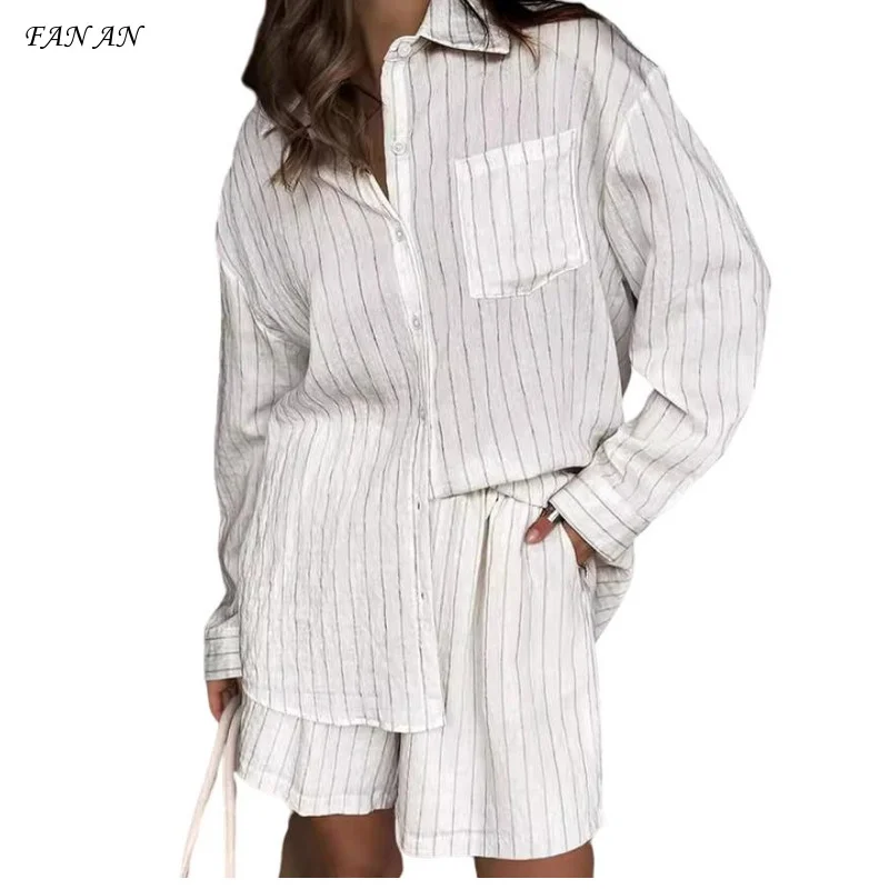 

Autumn 2024 New White Striped Long Sleeved Shirt Two-piece Set, Comfortable and Casual Temperament Commuting Fashion Set