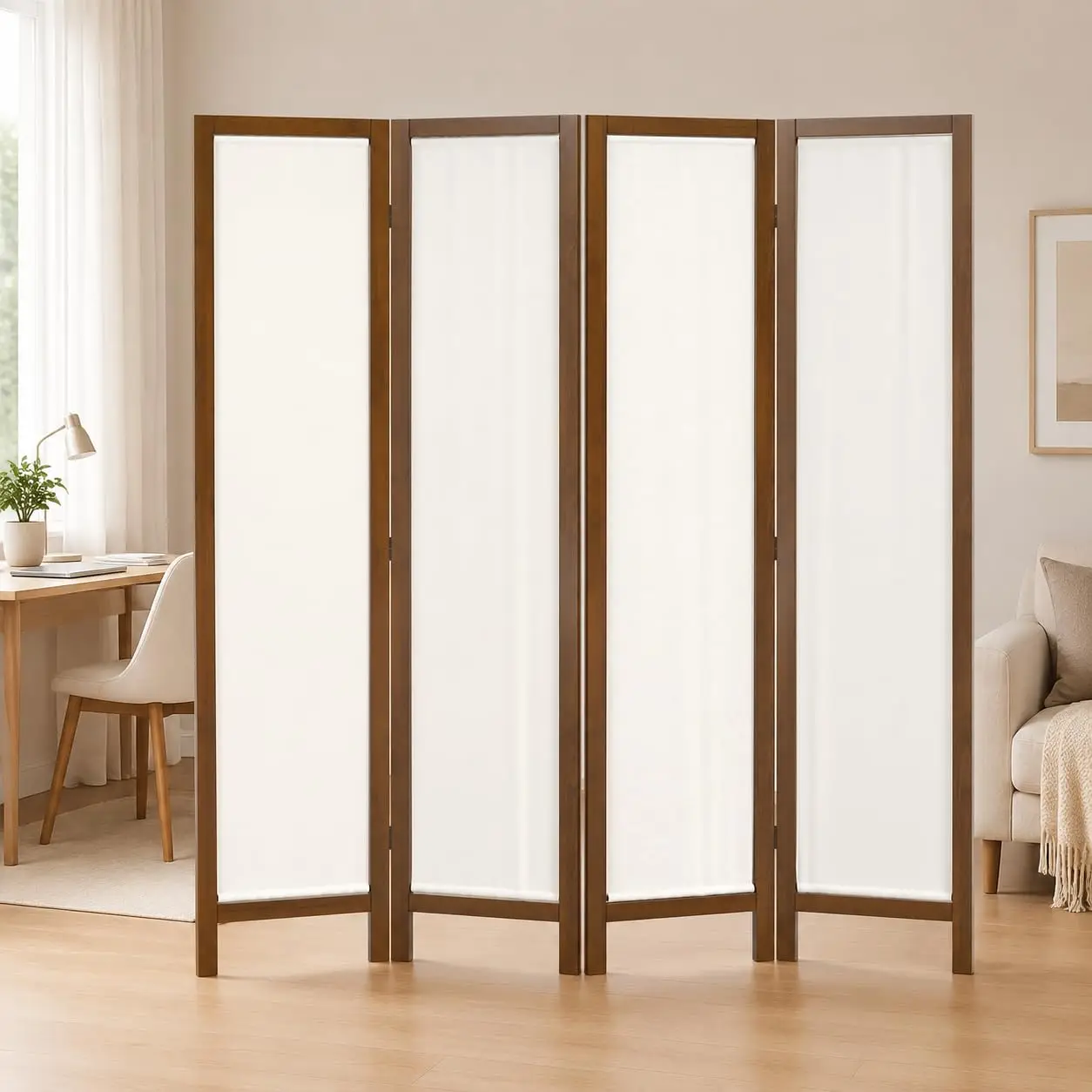 Brown 4-Panel Linen Privacy Room Divider with Foldable Wood Frame