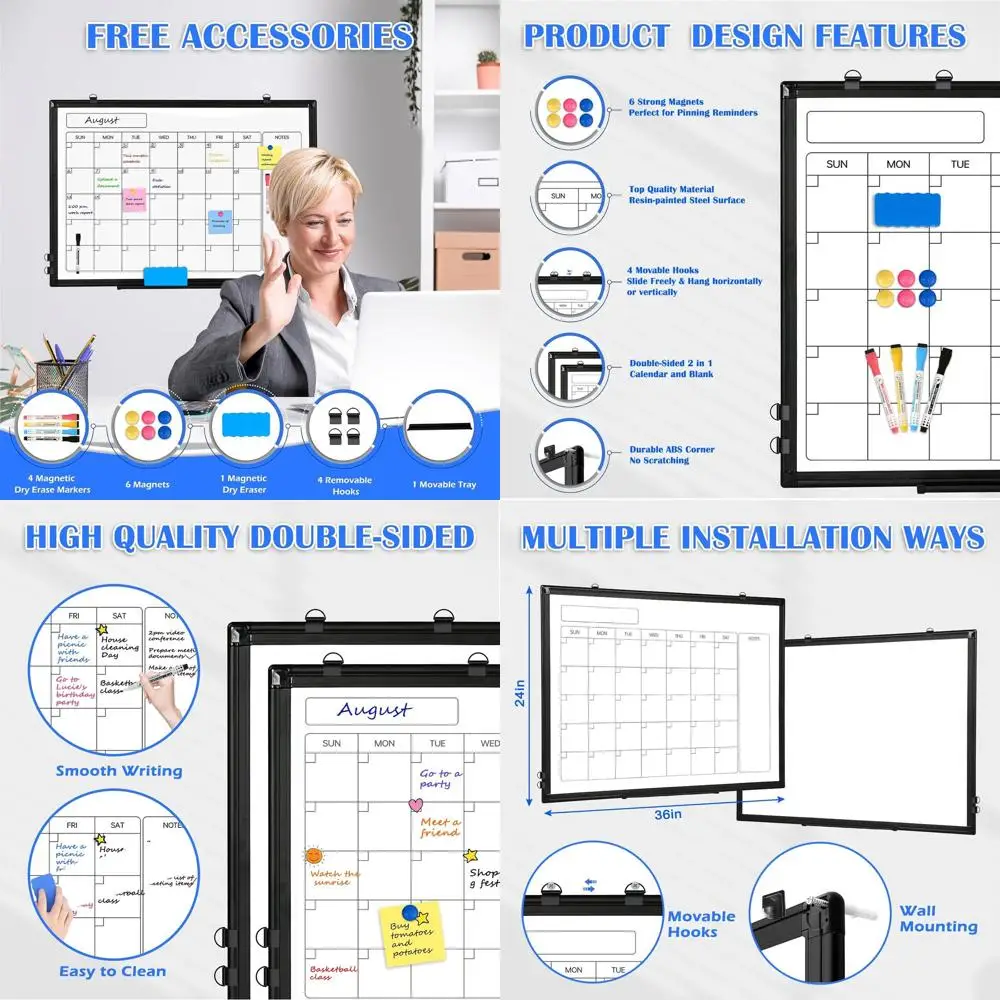 

Double-Sided Magnetic Dry Erase Board, 36x24 Portable Whiteboard with Aluminum Frame for Home, Office, and School