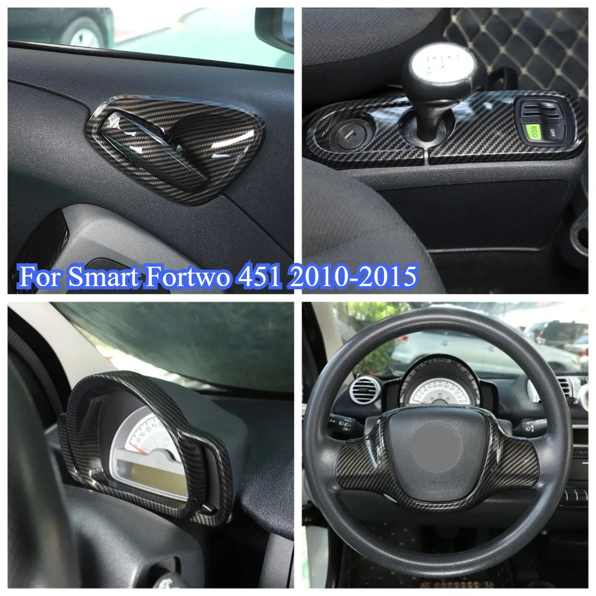 

ABS For Smart Fortwo 451 2010-2015 Carbon Fiber Car Inner Handle Steering Wheel Cover Trim Interior Kit Car stickers Accessories