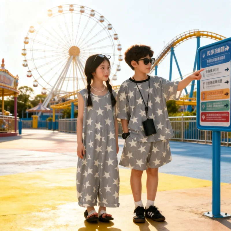 Sibling Matching Outfits Holiday Summer Kids Star Print 2PCS Set Unisex Boy Girl Jumpsuit & Shorts Casual Loose Clothes