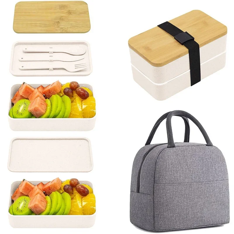 Bento lunchbox voor volwassenen, 2-laags voedselopslagcontainerset met bestek voor kinderen/kinderen, scherper magnetron- en vaatwasmachinebestendig