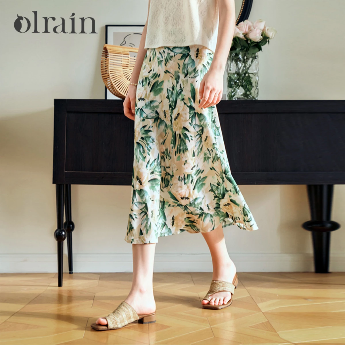 OLrain Damen A-Linien-Rock 2026 Frühling Neu Französisch Elegant Blumendruck Satin Elastische Taille Lässiger Lockerer Midirock O24XB92168