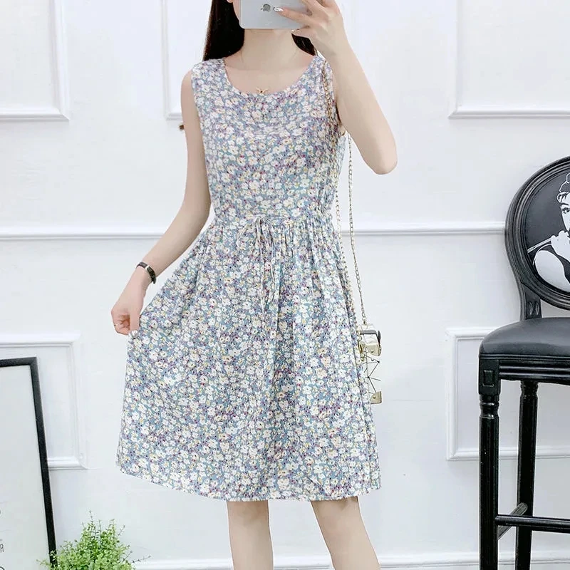 Vestido floral de seda de algodão feminino, sem mangas, elegante, fino, férias, vestidos de praia, vestido feminino, moda verão, novo, 2024