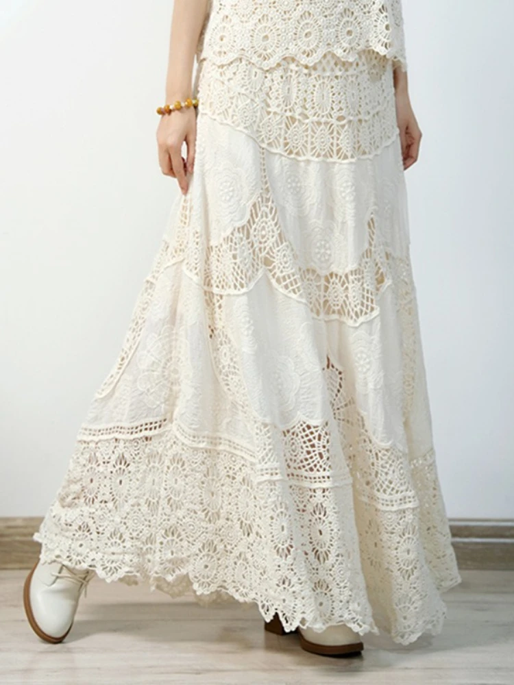 2025 novo no verão design de moda nicho damasco saias boêmio estilo férias cor sólida rendas gancho flor midi saia para mulher