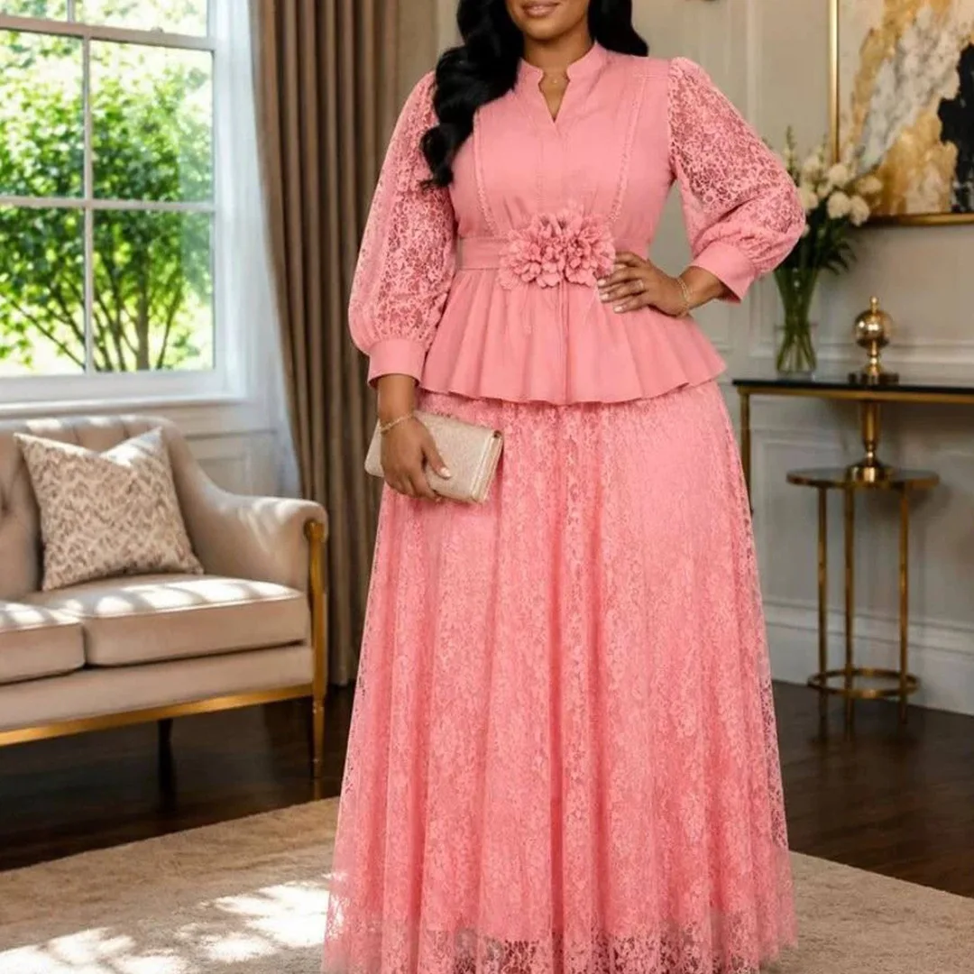 African Dresses for Woman Blouse Stand Collar Notch V Neck Lace Lantern Long Sleeve 3D Flower Waist Church Wedding Guest Casual
