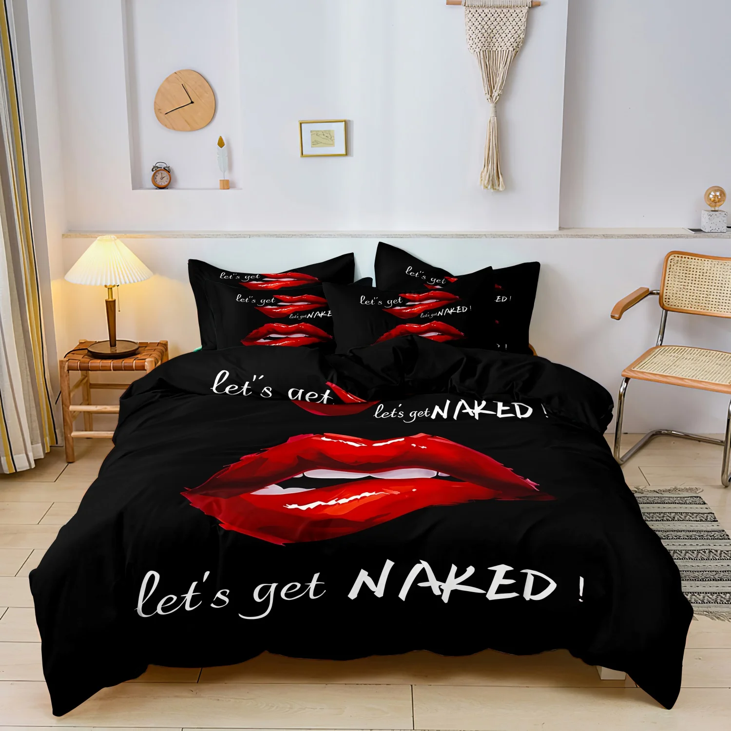 3pcs Black Red Lips Duvet Cover Set, Novelty Letter Print Bedding, Soft Washable Microfiber Bedding, Couple Bedroom Decoration