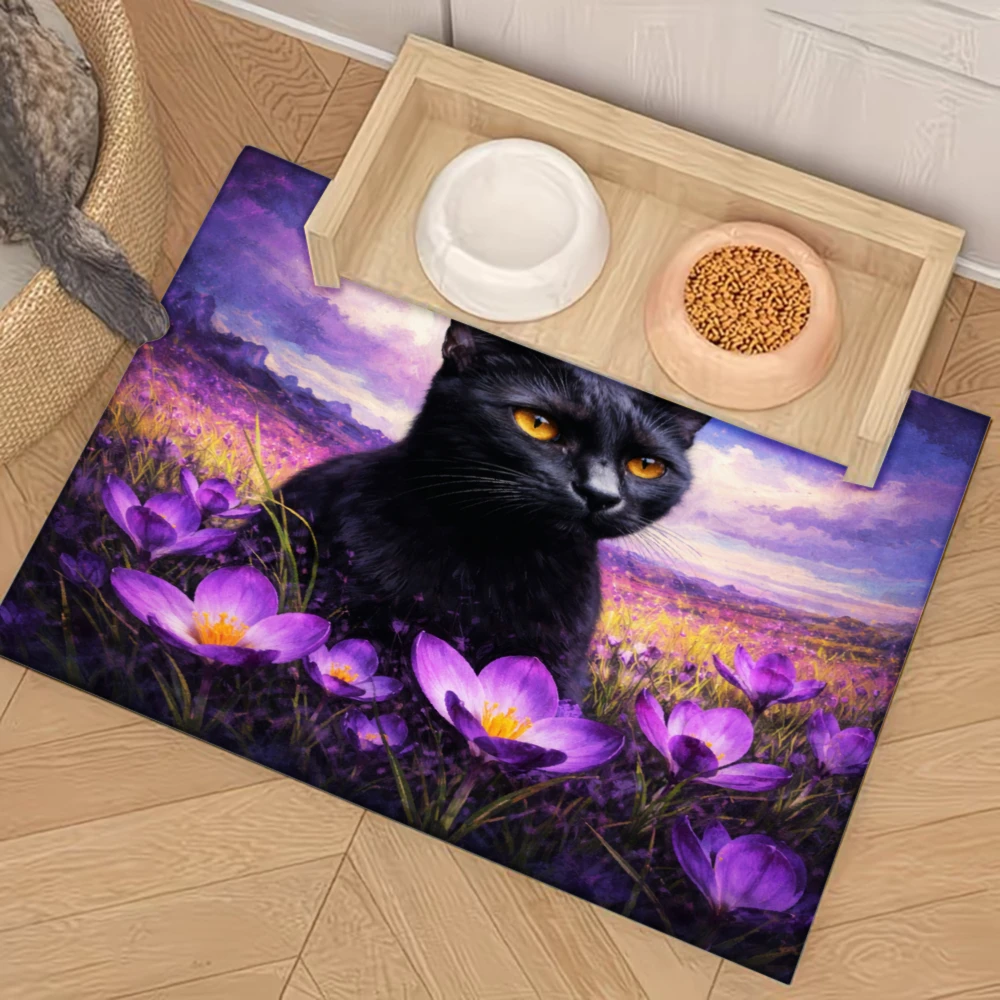 

Нескользящий коврик для кормления домашних животных Black Cat Purple Flowers Sunset Sky, товары для животных, защита от брызг и скольжения, коврики для кошек и собак