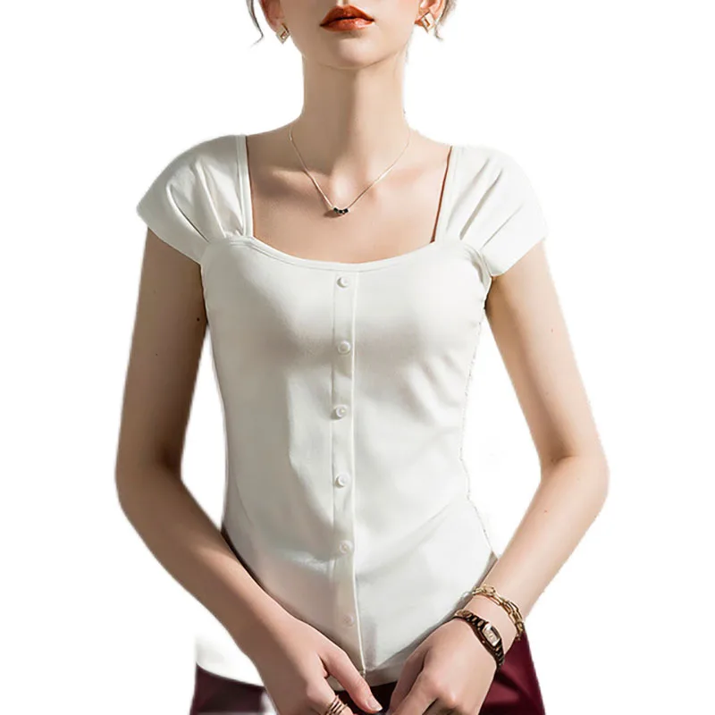 Women Cotton T-shirt Square Collar Short Sleeve Solid color All match Lady Top for Summer spring women Casual Shirt