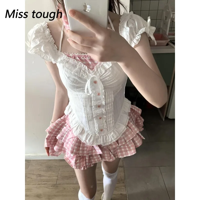 Japanische süße Adrette 2-teiliges Set Frauen Kawaii Spitze Patchwork Schleife Tops + Y2k Plaid Minirock elegante Mode Outfits neu