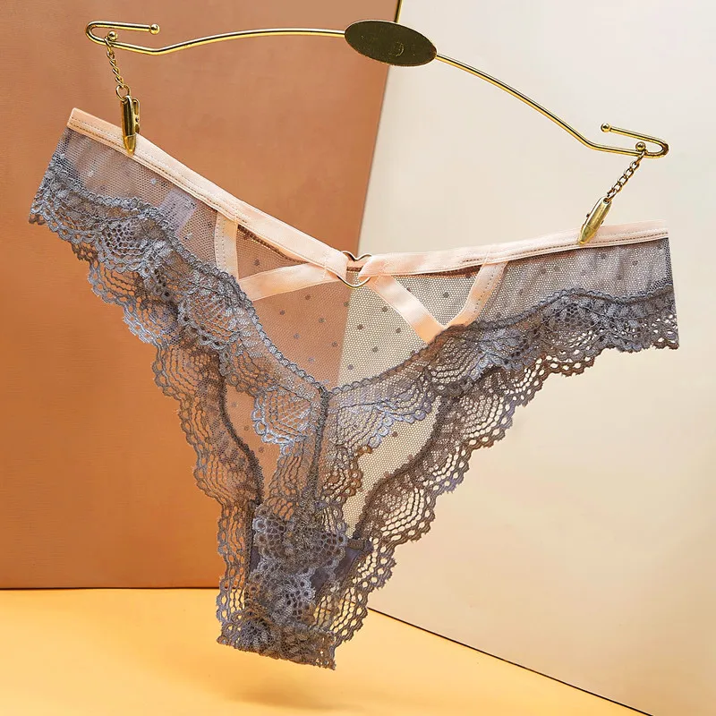 

LargeLaceMesh Polka Dot Thong Women's Transparent Hollowed Out Seamless Low Waisted Cotton Crotch Triangle T-pants Panties Women