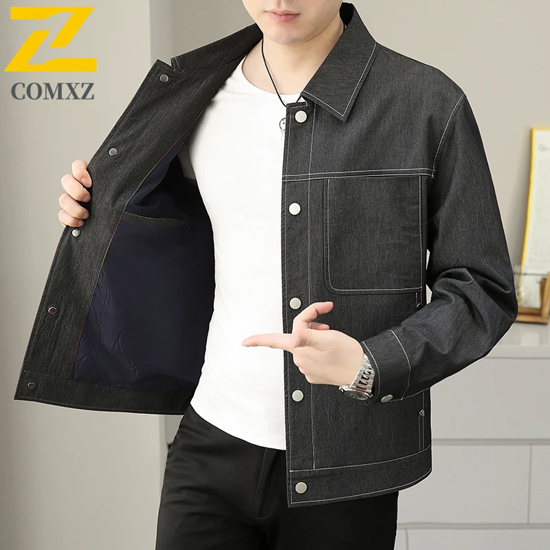 COMXZ 2025 Mens Jackets Casual Hiking Topstitch Workwear Windproof Jacket Premium Turndown Collar Loose Fit Lightweight Coat​