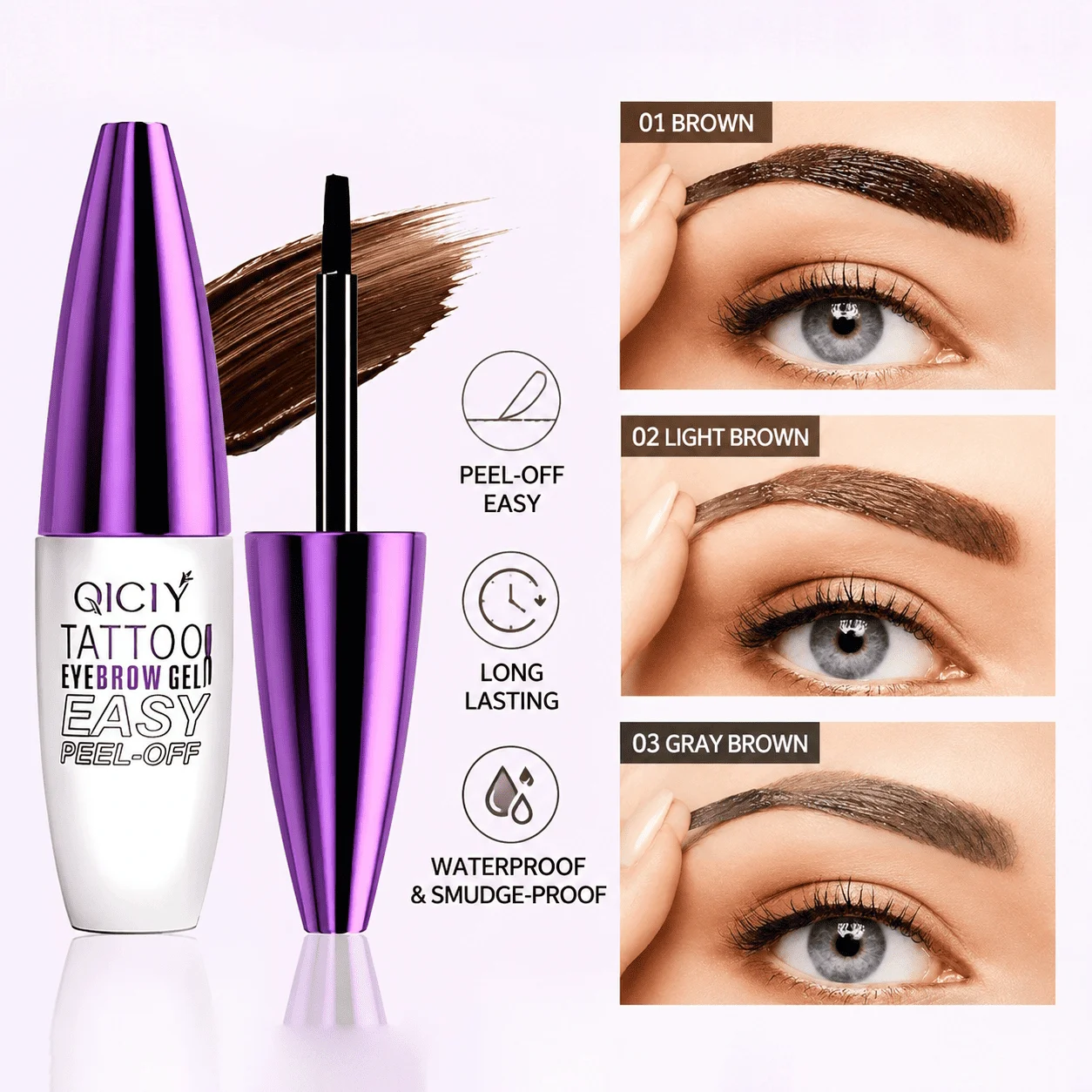 1Pc QICIY Peel Off Tattoo Eyebrow Gel 3 Colors Waterproof Long Lasting Smudge‑Proof Tint Eyebrow Dye Gel