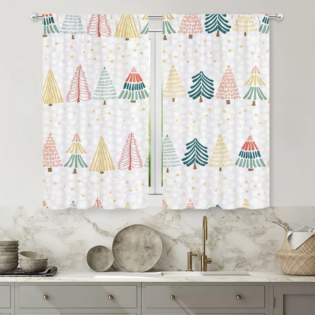 2pcs Christmas Window Curtains, Curtains With Cartoon Christmas Tree Prints, Festive Party Decoration Curtains, Gift For Kids