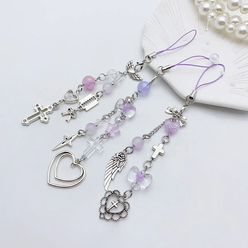 Purple Heart Cross Wings Bow Phone Lanyard Chain Keychain Pendant For Women Girls Handmade Jewelry Handbag Accessories