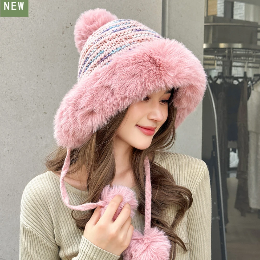 

HT4515 Thick Warm Winter Hats for Women Fluffy Fur Pompoms Russian Hat Ladies Snow Ski Earflap Cap Female Riding Knit Beanie Hat