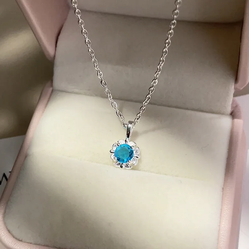 925 فضة الأزرق الزركون كريستال زهرة قلادة قلادة للنساء المختنق سلسلة الزفاف حفلة خطوبة مجوهرات هدية #2