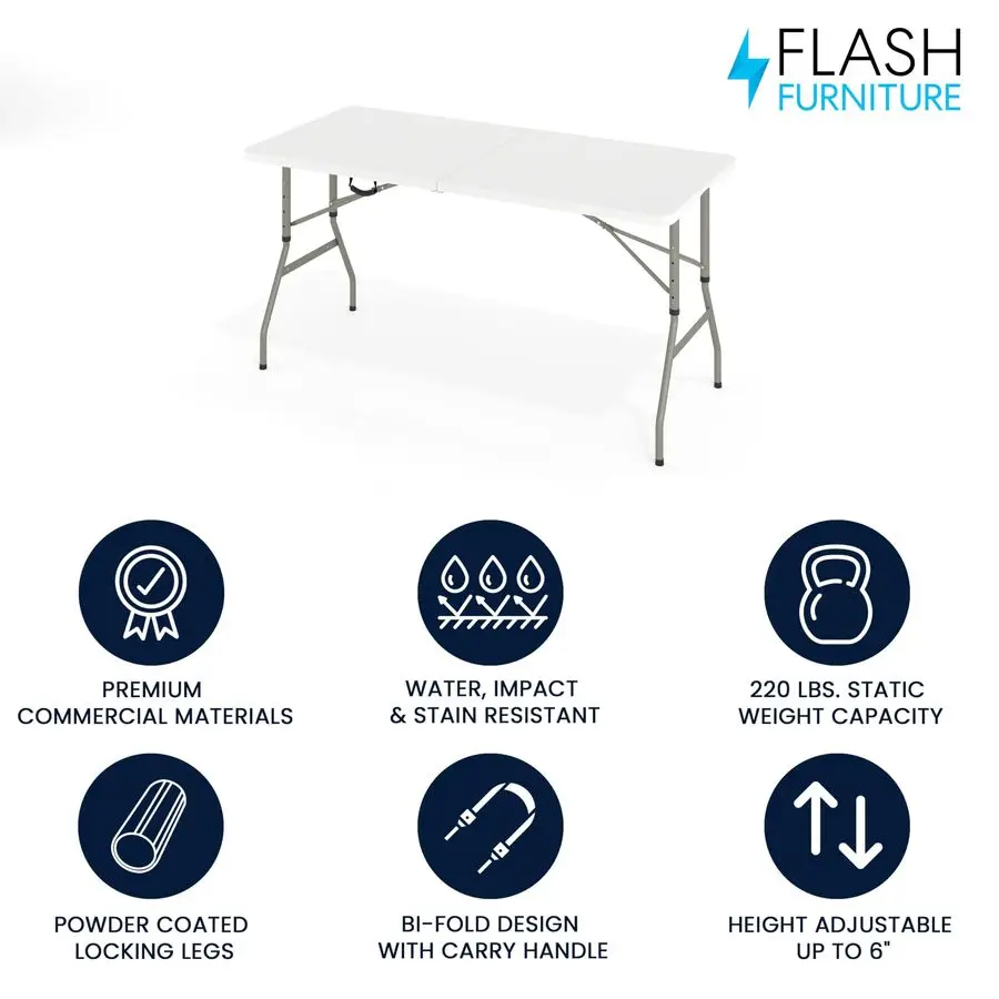 Kathryn 5 Rectangular Plastic Folding Event Table with Carrying Handle, BiFold Portable Banquet Table for Indoor Outdoor Events