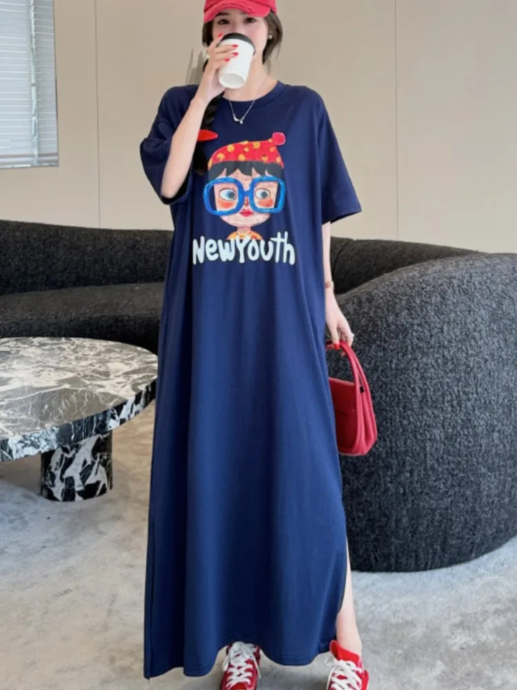 Abito lungo estivo allentato in cartone animato da donna Taglie forti Girocollo coreano Manica corta Stampa Abito t-shirt grande da donna