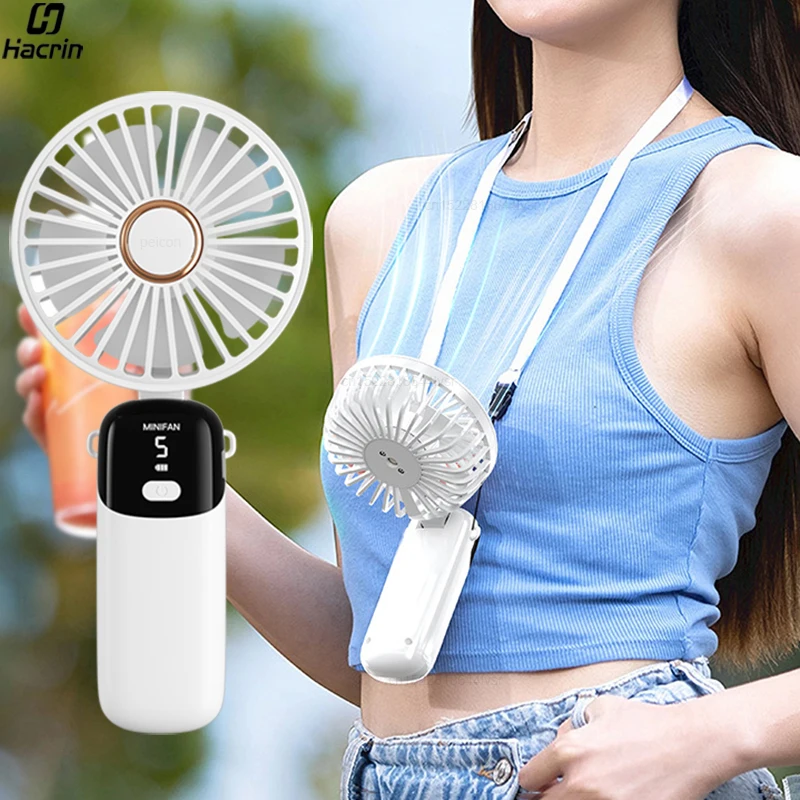 Portable Neck Fan Foldable Handheld Mini Fan USB Rechargeable Portable Neck Hanging Fan Portable Folding Hand Fans with Stand