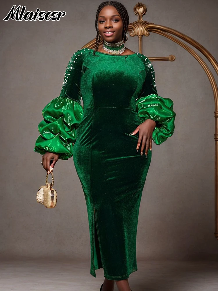

Mlaiscsr Luxury Velvet Patchwork O Neck Lantern Pile Up Sleeves Green Maxi Dress Women's Wedding Birthday Party Evening Dresses