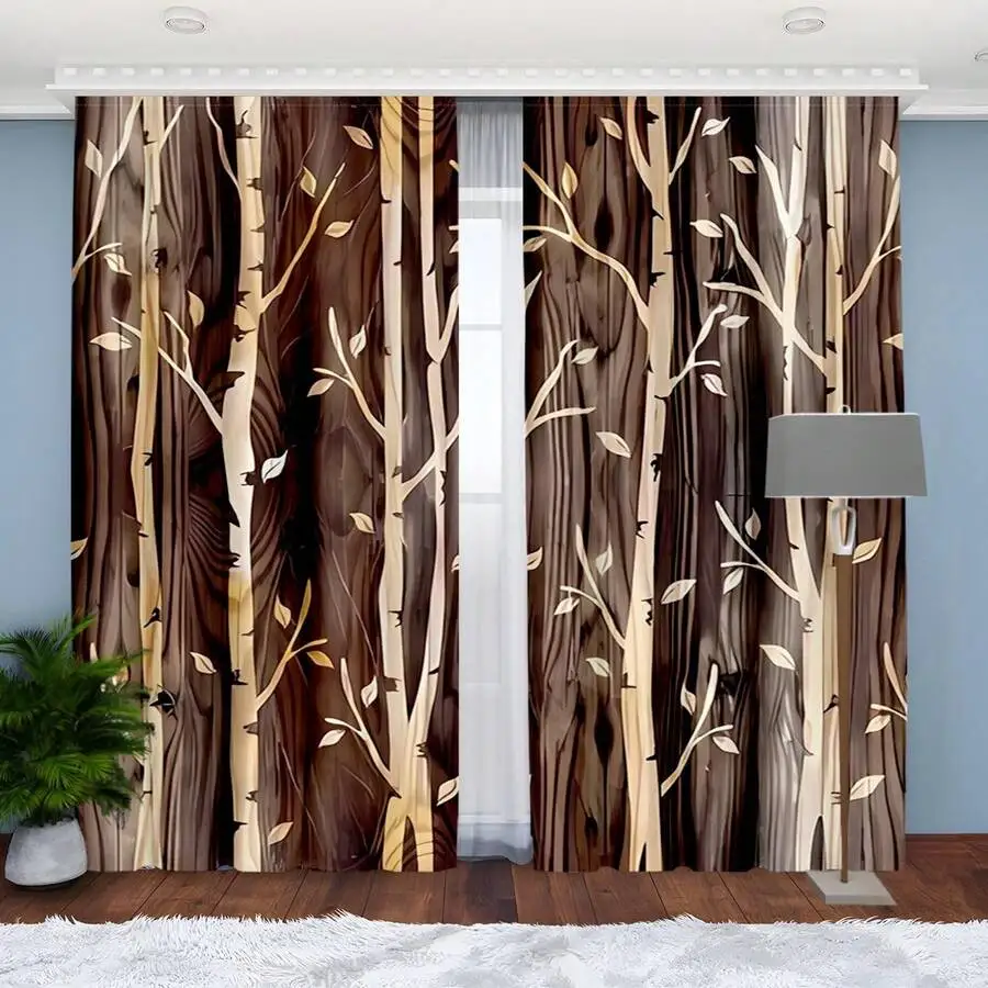 Woodland Tree Print Blackout Curtains - Rustic Lodge Style Thermal Insulated Drapes For Living Room