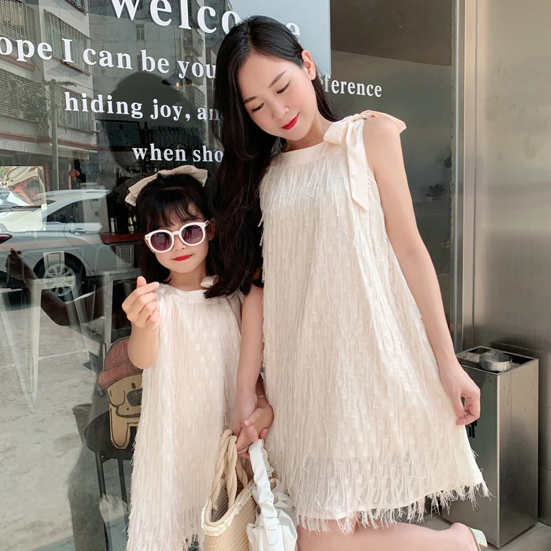 

Mum Daughter Matching Dress Summer Tassel Tied Bow Princess Matching Family Outfit Women Girl Party Dress Kids Princess Dresses