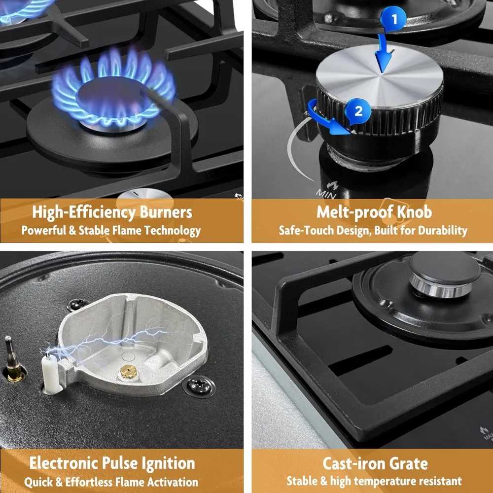 Estufa de gas de 2 quemadores, estufa de combustible doble de propano/GPL/NG integrada de 12 pulgadas, placa de vidrio templado negro con protección de termopar y A