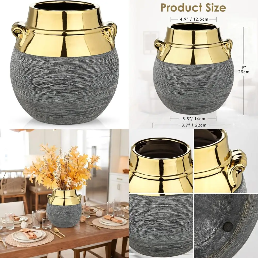 

Elegant Rustic Ceramic Vases with Gold Rims - 9 Piece Set for Living Room Decor, Dining Table Centerpieces, and Shelves