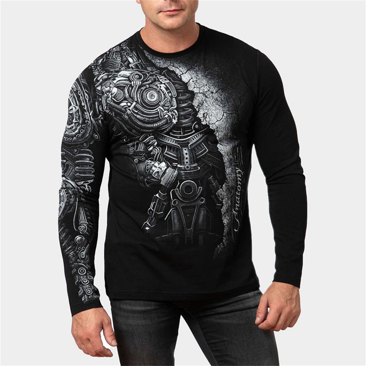 

New Autumn Loose-fitting Crew Neck Plus Size Men's T-shirt 3D Printed Long Sleeve Mesh Breathable T-shirt