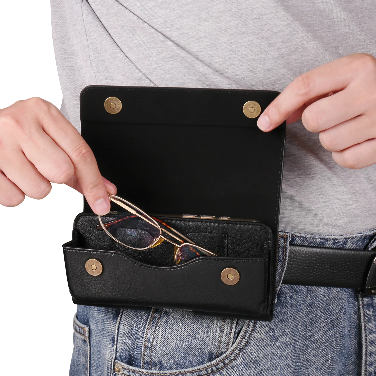 

Men'S Double-Layer Waist Bag with Magnetic Closure - Large Capacity Phone & Glasses Holder, Faux Leather Belt Bag