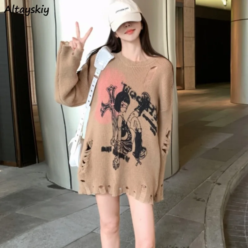 

Knitted Pullovers Women Holes Vintage Y2k Chic Ulzzang All-match Корейская Мода Popular Sweaters Printed Streetwear Design Loose