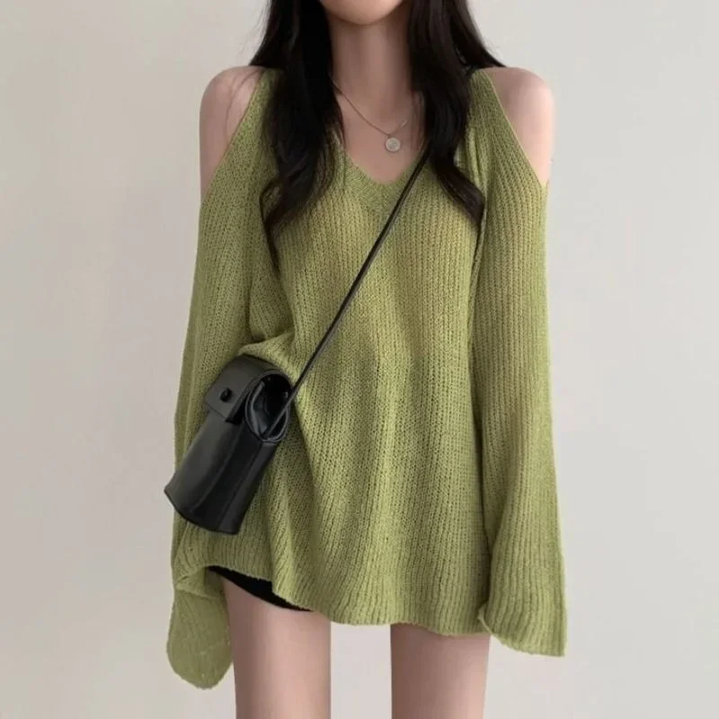 Off-shoulder V-neck Long Sleeve Thin Knitwear Women's Spring and Autumn New Careful Machine Sweater Loose Top Tide