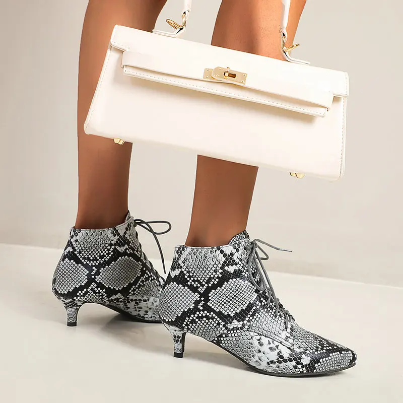 Women Snake Print Ankle Boots Pointed Toe Kitten Heel Stiletto High Heels Lace Up Retro Punk Fashion Short Booties Combat Shoes