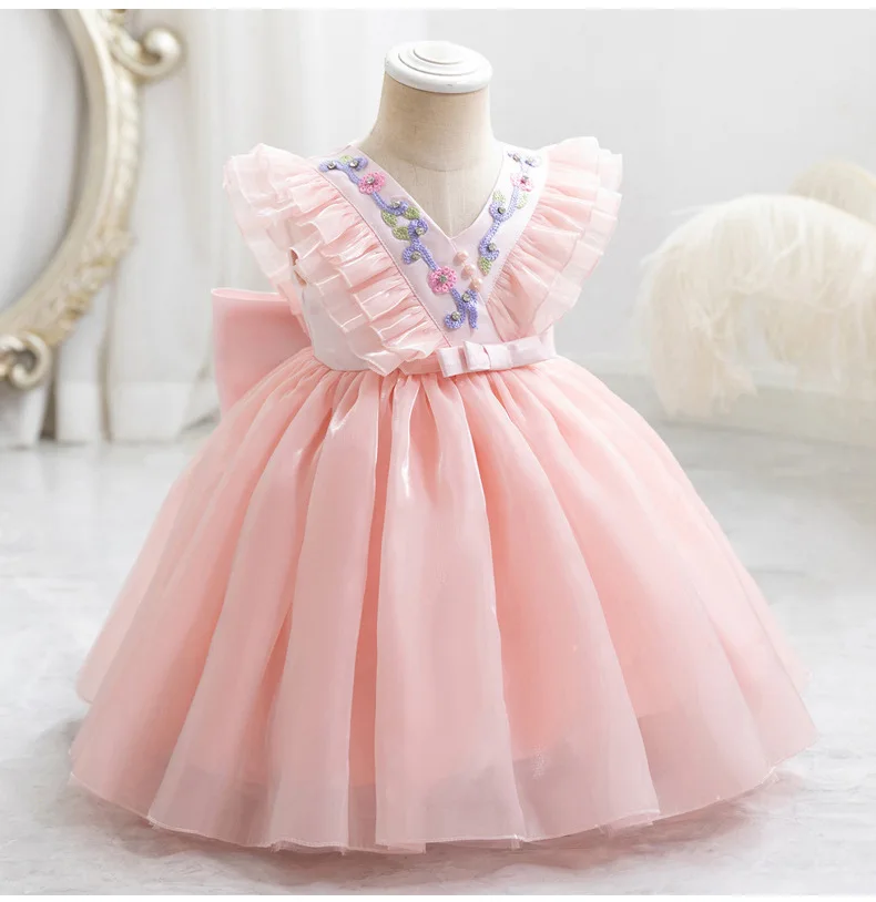 HETISO Kid Girl Dress Vintage Appliques Dresses for Elegant Party Girls Ruffle Sleeve Tulle Layered Birthday Ball Gown 9M 1 2 6Y