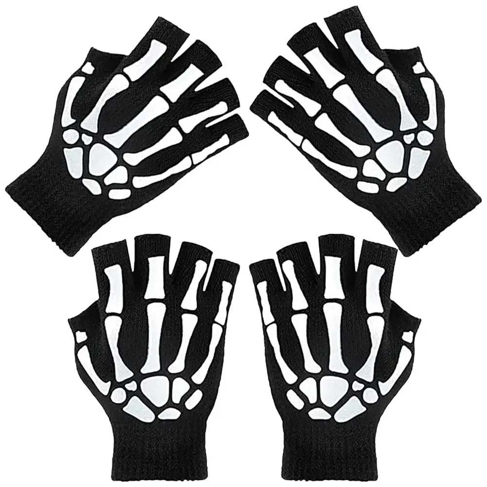 

Перчатки светящиеся в темноте, без пальцев, в велосипедном стиле, с узором в виде жуткого черепа, для Хэллоуина, зимние, теплые, утепленные, для взрослых