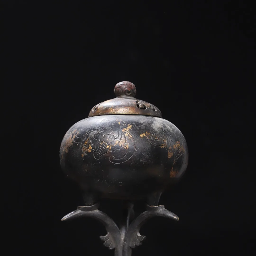 Old Bronze Gilded Cinnabar Mud gold Bat pattern Dragon foot incense burner copywriting Study Amass wealth Ornaments