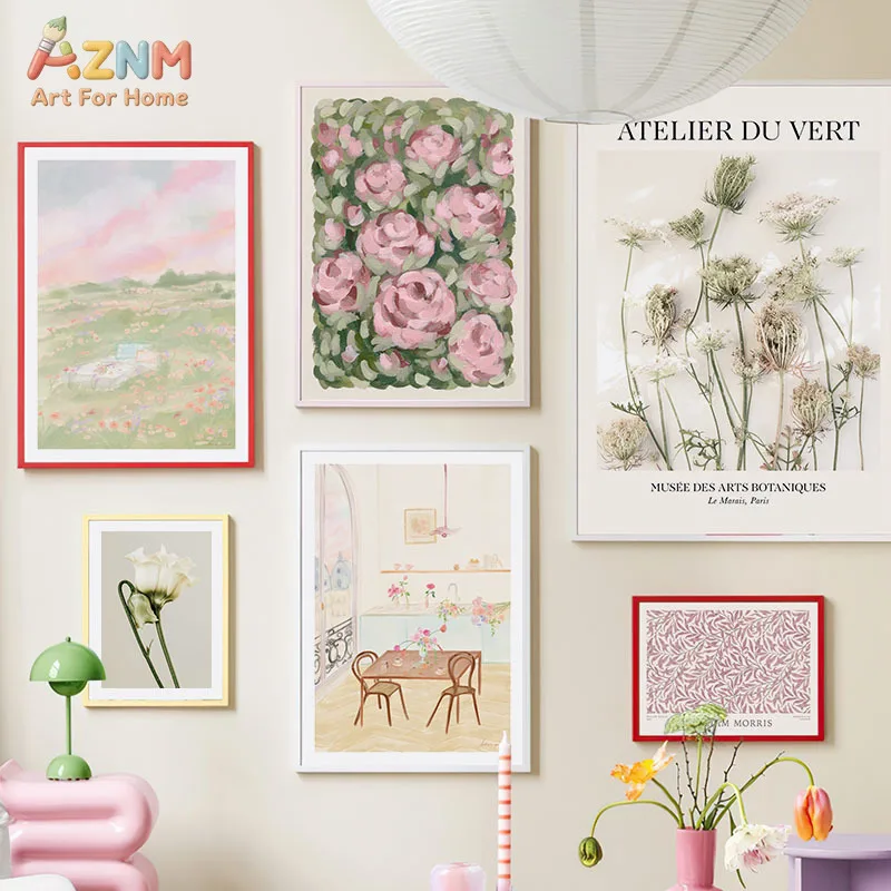 AZNM Soft Pink Pastel Floral Canvas Wall Art Rose Oil Painting Botanical Vintage Landscape Interior Scene Cozy Aesthetic Living