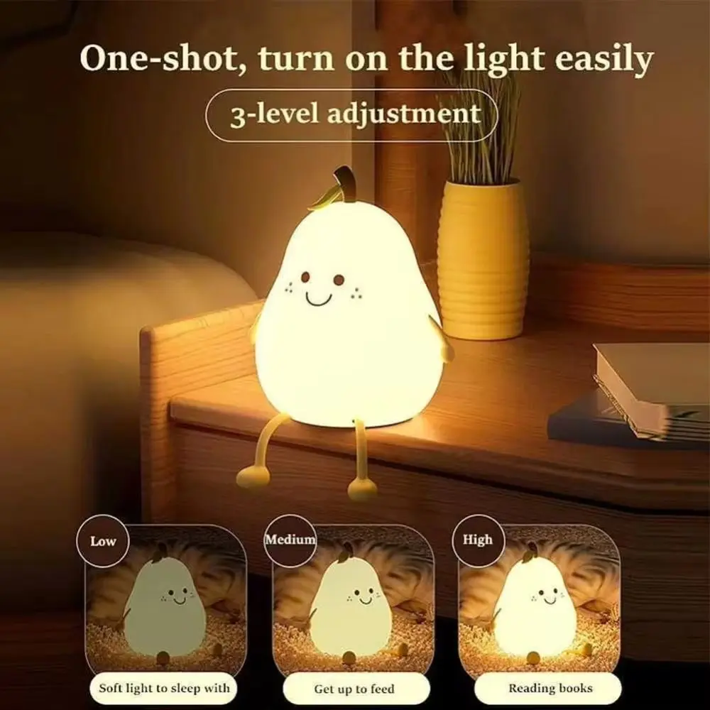 Fashion Pear Shaped Night Lights Cute Silicone Nightlight 7 Colors Dimmable Night Lamp Gift USB Charging Nursery Sleeping Lamp