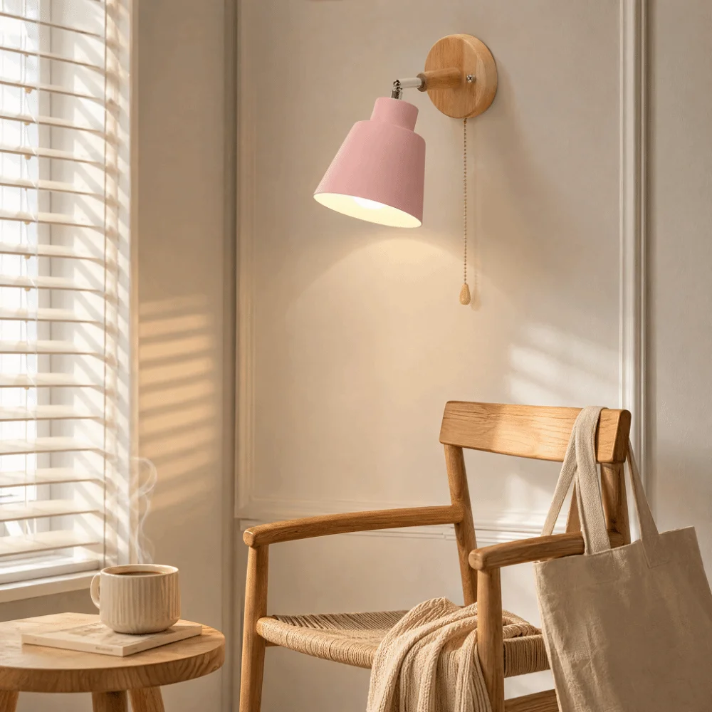 Modern Adjustable Wall Lamp Pink Lampshade Macaron Sconce With Pull Chain Switch AC 85-265V Wall Light Living Room