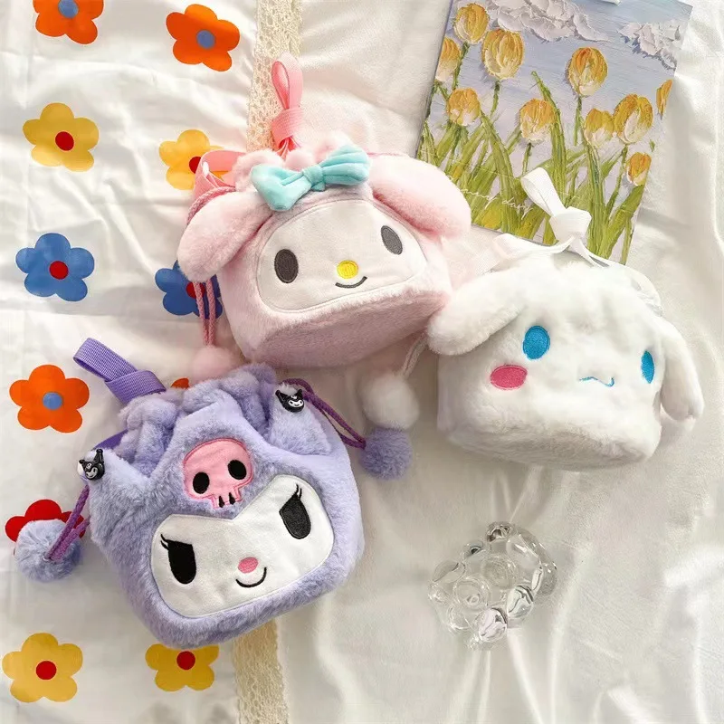 Kawaii Kuromi Melody cilindro zaini peluche portamonete borsa Plushie Anime Purin zaini per cani per ragazze simpatici giocattoli di peluche regalo