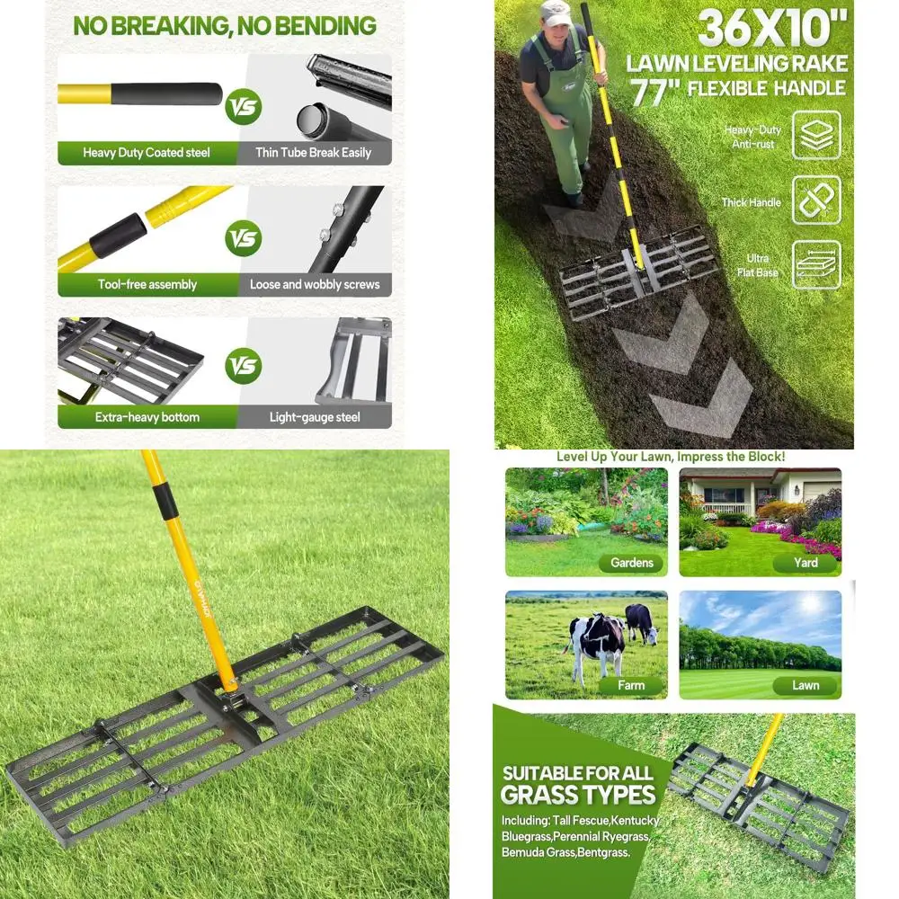 

Грабли для выравнивания почвы длиной 36 ярдов с выдвижной стальной ручкой 78 дюймов для ухода за газонами, садами и полями для гольфа